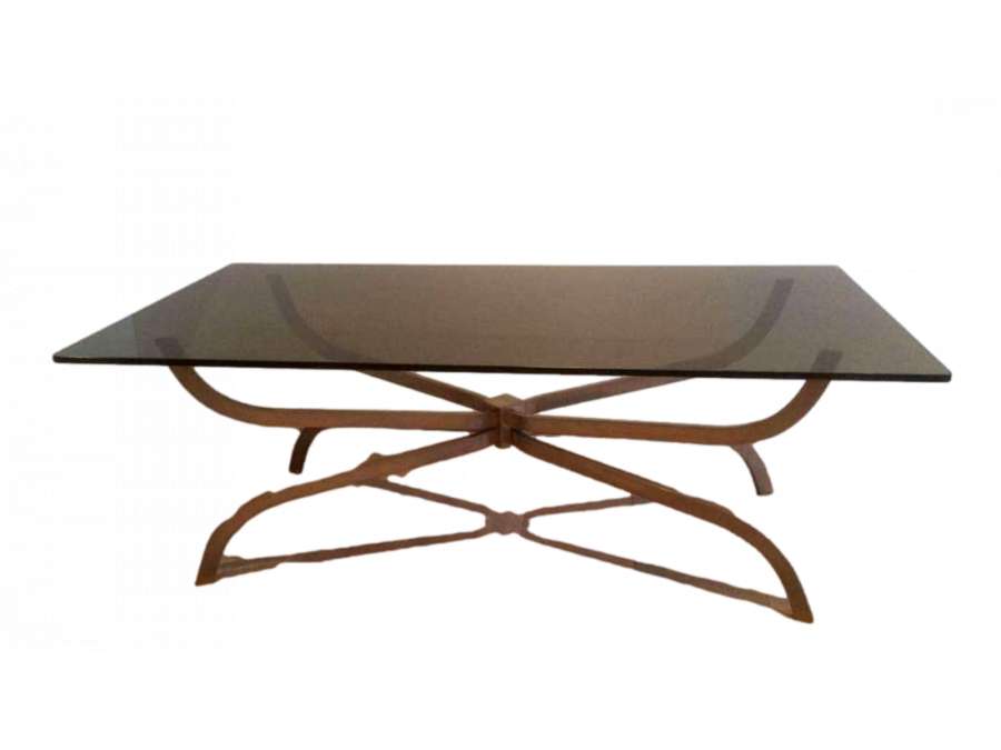 Charles House. Beautiful Coffee Table In Brushed Steel And Smoked Glass Slab. Circa 1960 - Coffee Tables