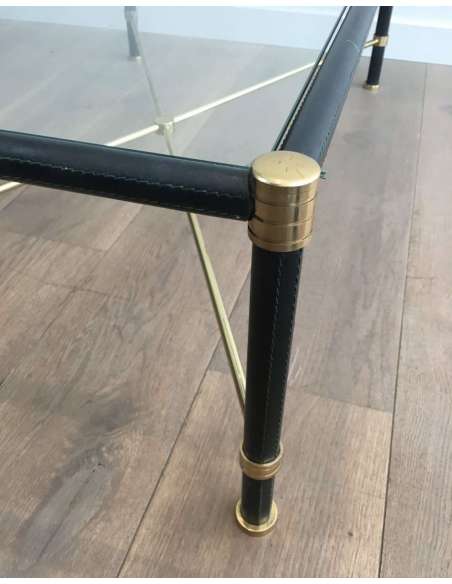 Brass Coffee Table Sheathed In Black Leather. In The Taste Of Jacques Adnet. Circa 1970 - Coffee Tables-Bozaart