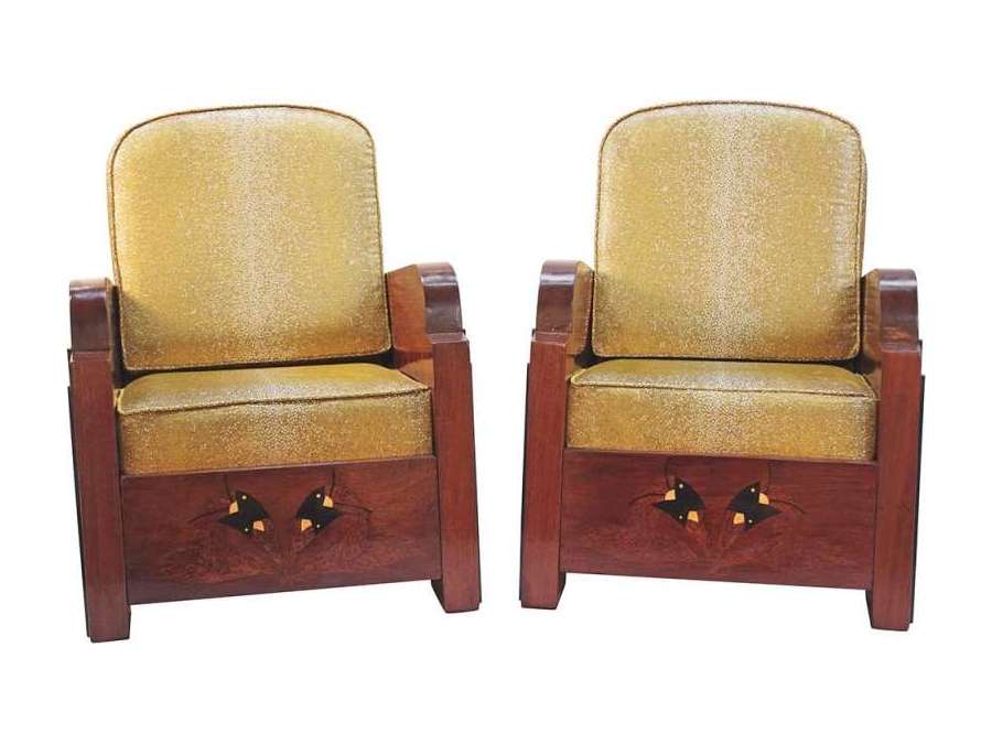 Pair of armchairs in wood+ art deco style, Circa 1930
