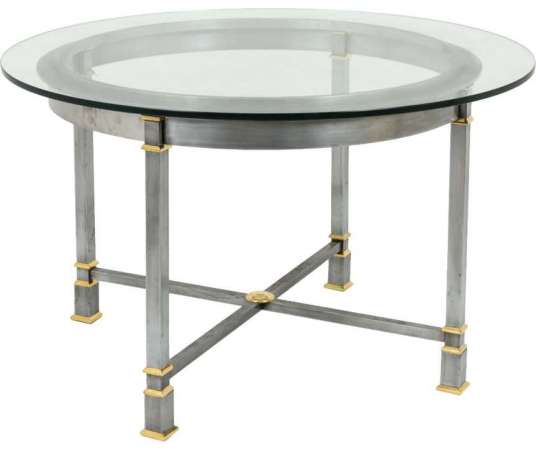 Brushed And Gilded Metal Table, Glass Top, 1970s - LS39851001 - Dining Room Tables