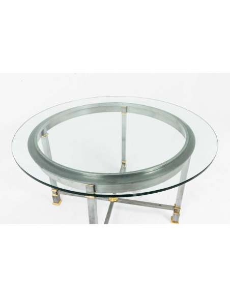 Brushed And Gilded Metal Table, Glass Top, 1970s - LS39851001 - Dining Room Tables-Bozaart