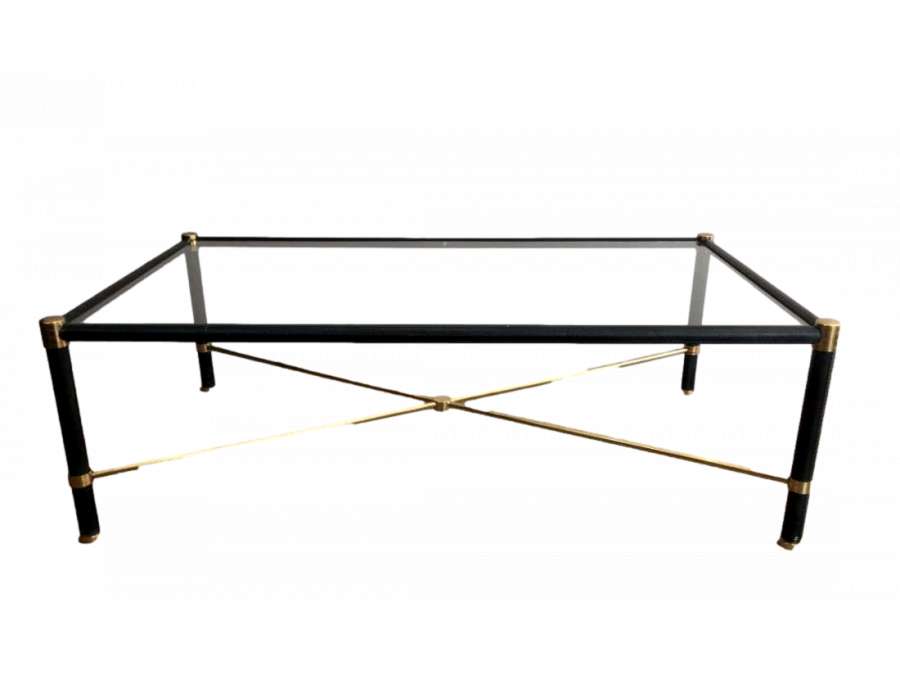 Brass Coffee Table Sheathed In Black Leather. In The Taste Of Jacques Adnet. Circa 1970 - Coffee Tables