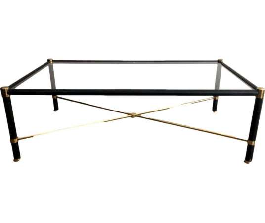 Brass Coffee Table Sheathed In Black Leather. In The Taste Of Jacques Adnet. Circa 1970 - Coffee Tables