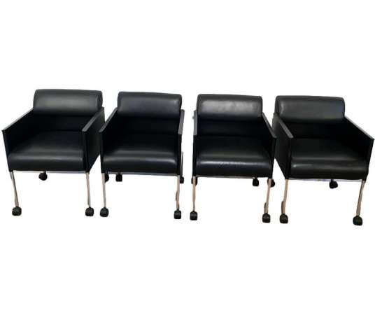 Rosenthal. Suite Of 4 Leather And Black Lacquered Metal Armchairs. Circa 1970 - Design Seats