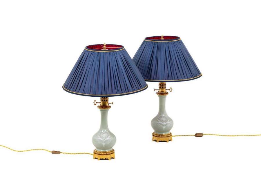 Pair Of Celadon Porcelain Lamp In Louis XVI Style, Circa 1880 - Ls4364591 - oil lamps