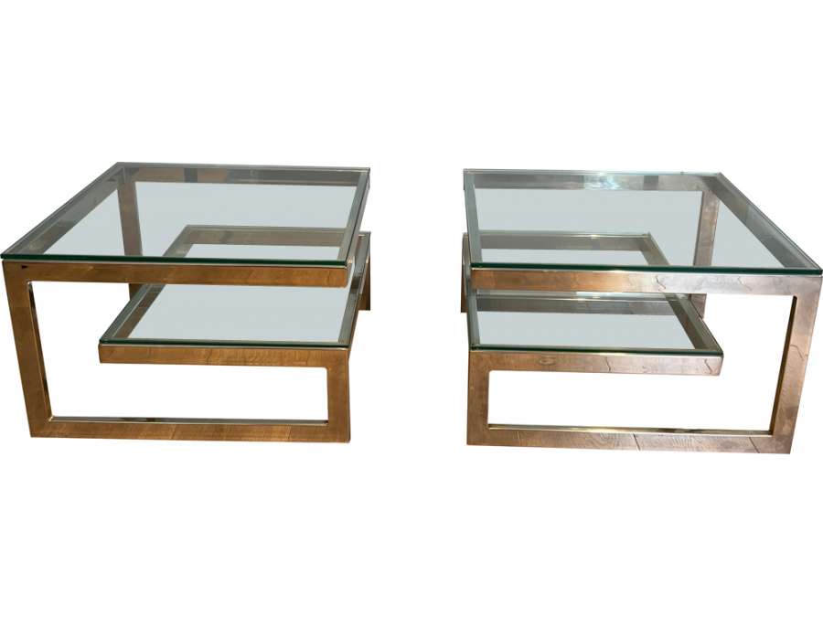 Pair of designer chrome side tables+ double glass slab circa 1970