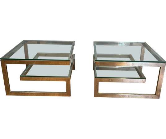 Pair of designer chrome side tables+ double glass slab circa 1970