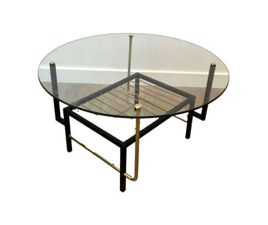 Attributed to Mathieu Matégot. Rare Round Coffee Table In Black Lacquered Metal And Brass - Coffee Tables