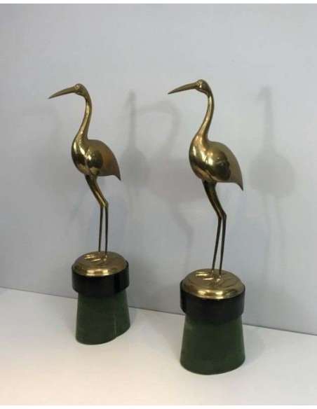 Paire D’oiseaux En Laiton Sur Socles - sculptures autres matériaux-Bozaart