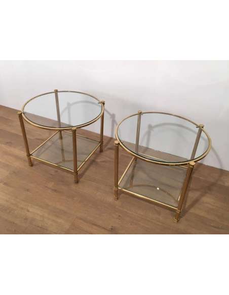Pair Of Round Brass Sofa Ends With 2 Trays. Circa 1970 - Coffee Tables-Bozaart