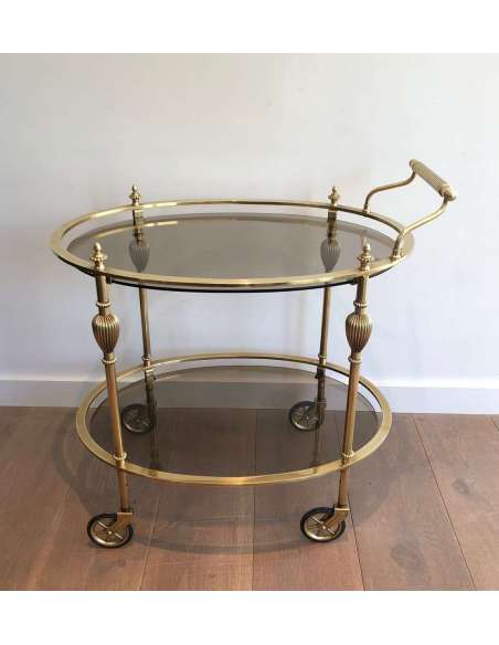 Oval Brass Rolling Table And Trays Of Smoked Glasses. Attributed to The Jansen House - Old Bars-Bozaart