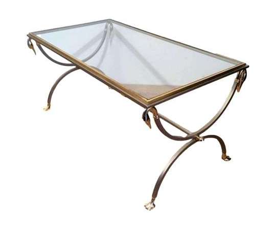 Brushed Metal And Brass Coffee Table With Swan Necks And Legs. Circa 1970 - Coffee Tables