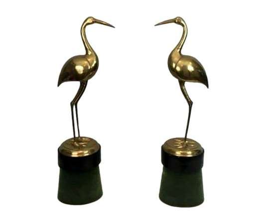 Paire D’oiseaux En Laiton Sur Socles - sculptures autres matériaux
