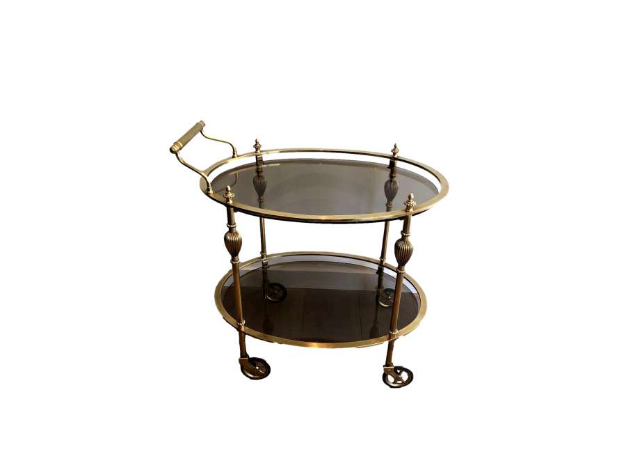 Oval Brass Rolling Table And Trays Of Smoked Glasses. Attributed to The Jansen House - Old Bars