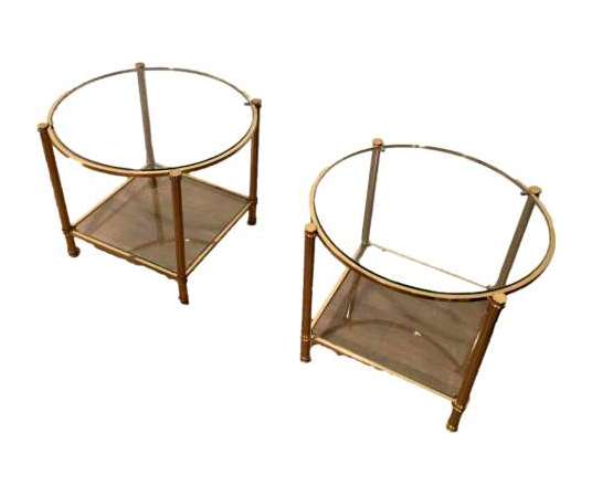 Pair Of Round Brass Sofa Ends With 2 Trays. Circa 1970 - Coffee Tables