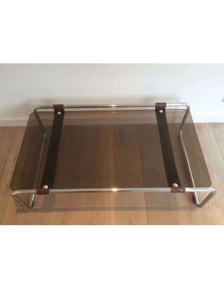 Coffee Table In Chrome, Leather And Smoked Glass. French Work. Circa 1950 - Coffee Tables-Bozaart