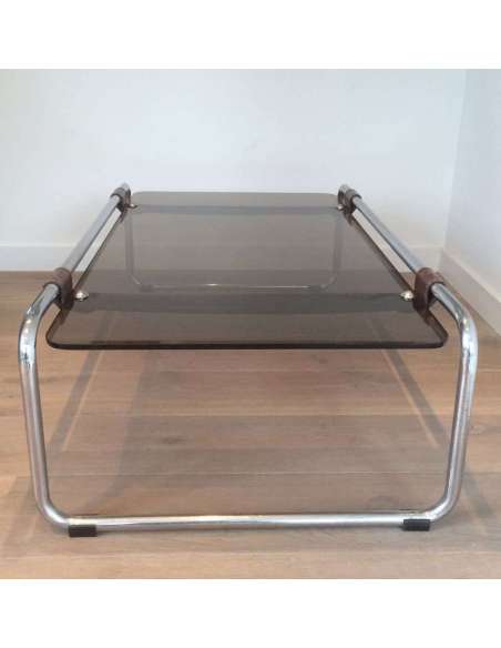 Coffee Table In Chrome, Leather And Smoked Glass. French Work. Circa 1950 - Coffee Tables-Bozaart