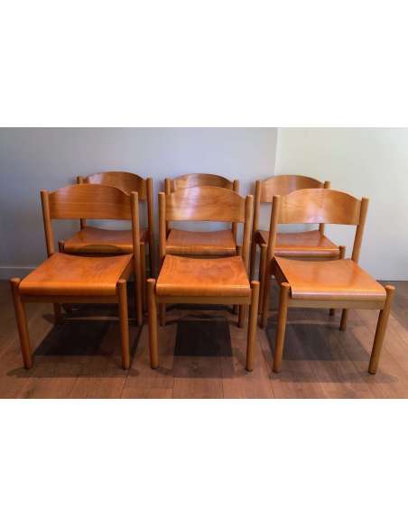 Suite Of 6 Stackable Chairs In Fir And Thermoformed Wood. German Work By Karl Kilpper - Design Seats-Bozaart