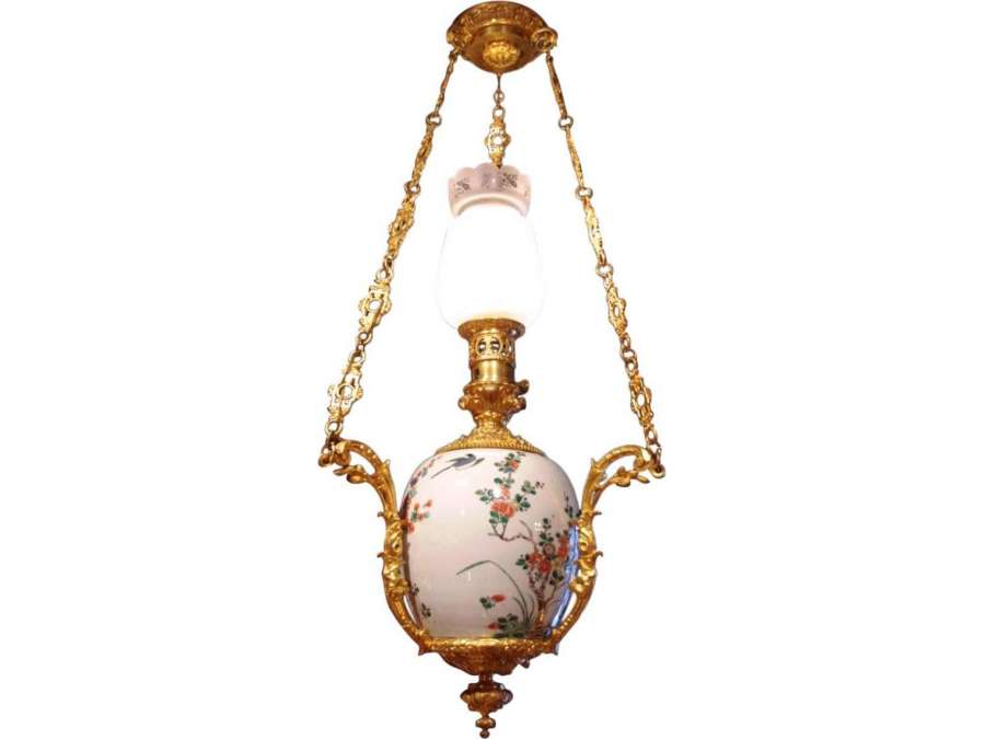 Canton Porcelain Pendant Lamp, Gilded Bronze Frame, Circa 1880 - LS2414931 - Ceiling Lights and suspensions