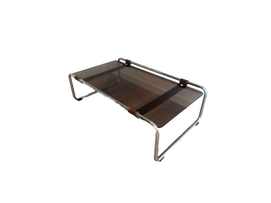 Coffee Table In Chrome, Leather And Smoked Glass. French Work. Circa 1950 - Coffee Tables