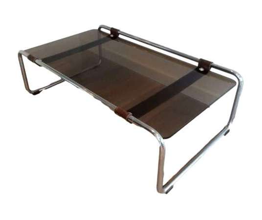 Coffee Table In Chrome, Leather And Smoked Glass. French Work. Circa 1950 - Coffee Tables