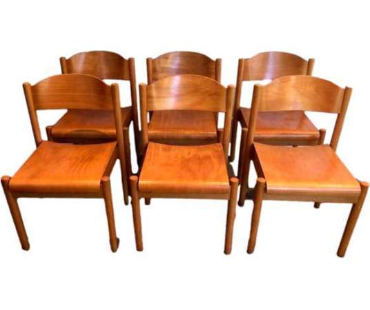 Suite Of 6 Stackable Chairs In Fir And Thermoformed Wood. German Work By Karl Kilpper - Design Seats