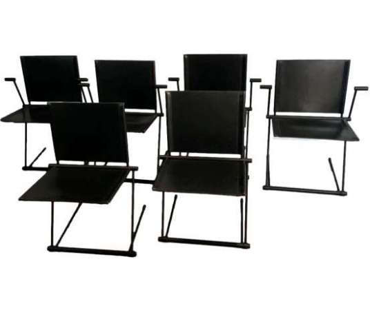 Suite Of 4 Armchairs And 2 Chairs In Black Lacquered Metal And Leather. - Designer Seats