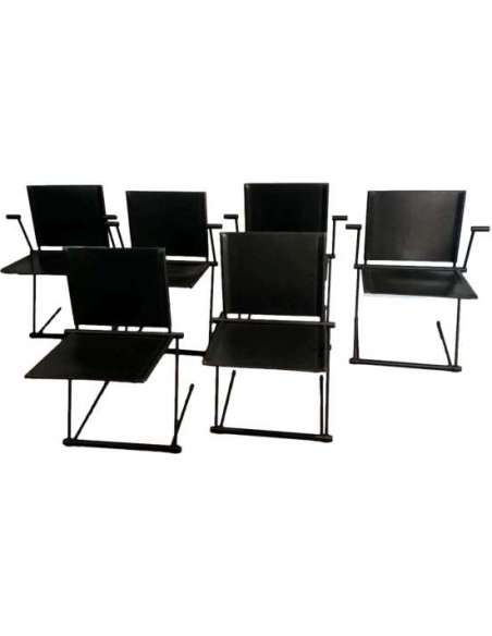 Suite Of 4 Armchairs And 2 Chairs In Black Lacquered Metal And Leather. - Designer Seats-Bozaart