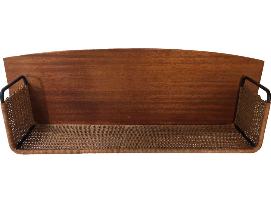 Shelf in wood, rattan and lacquered metal+ signed Raymond Glemeau circa 1970