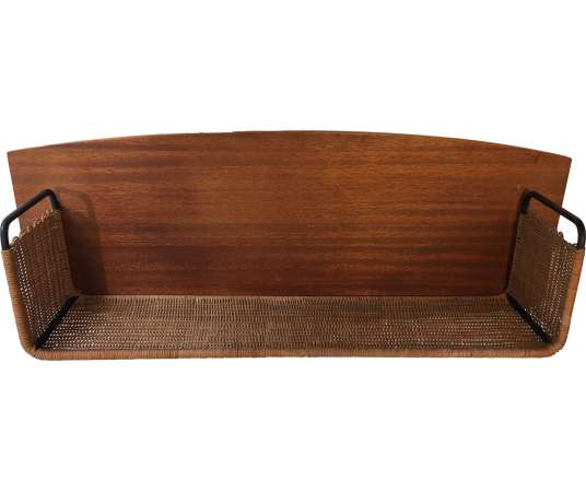 Shelf in wood, rattan and lacquered metal+ signed Raymond Glemeau circa 1970