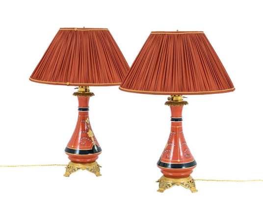 Paire De Lampes En Porcelaine De Paris Orange, Vers 1880 - LS29261311 - lampes à pétrole