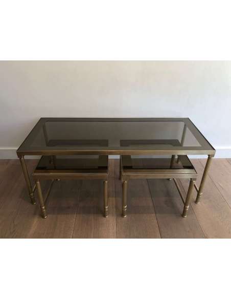 Brass Coffee Table And Smoked Glasses With 2 Pull-out Tables Forming Sofa Ends. Circa 1970 - Coffee Tables-Bozaart