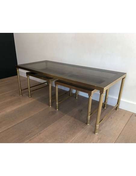 Brass Coffee Table And Smoked Glasses With 2 Pull-out Tables Forming Sofa Ends. Circa 1970 - Coffee Tables-Bozaart