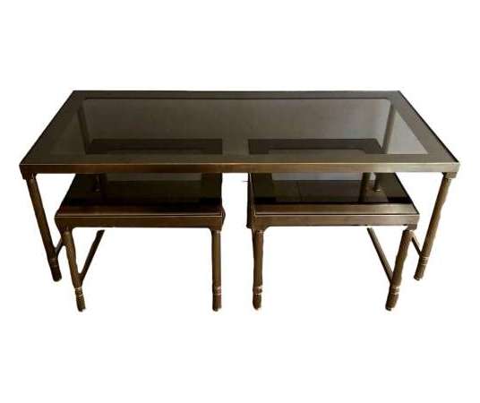 Brass Coffee Table And Smoked Glasses With 2 Pull-out Tables Forming Sofa Ends. Circa 1970 - Coffee Tables