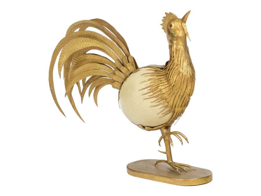 Rooster in ostrich egg and golden brass+ circa 1970s