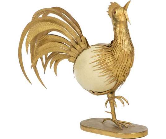 Rooster in ostrich egg and golden brass+ circa 1970s