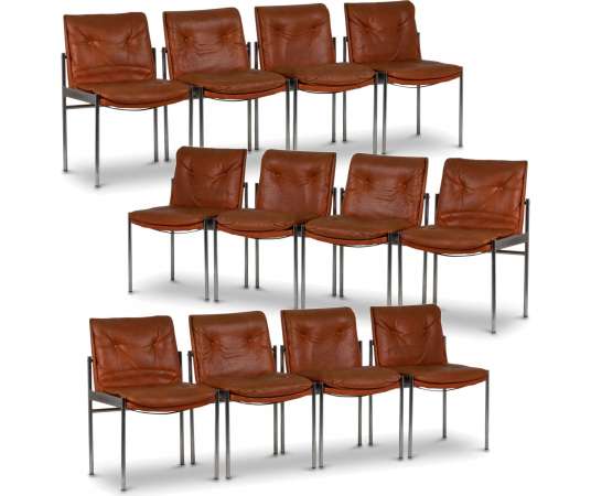 Series of twelve chairs+ in leather and chromed metal circa1970s