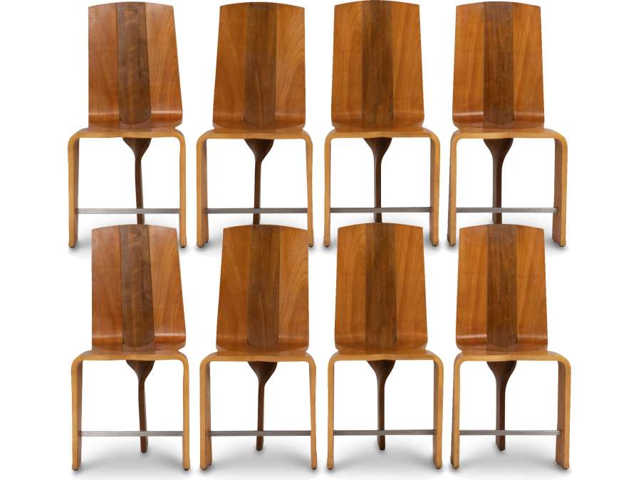 Series of eight chairs blond cherry wood+ circa 1980s