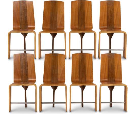 Series of eight chairs blond cherry wood+ circa 1980s