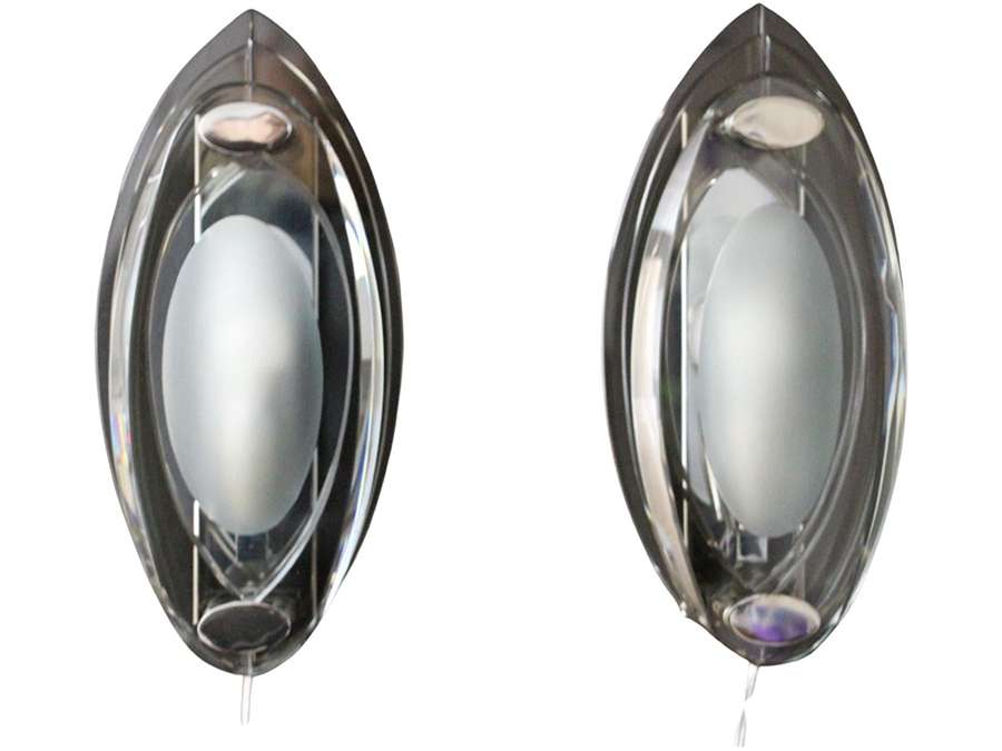 Pair of sconces in crystal glass+ in the Style of Max Ingrand and Fontana Arte