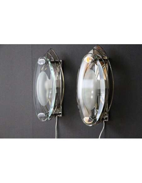 Paire d’appliques en verre de cristal style de Max Ingrand et Fontana Arte-Bozaart
