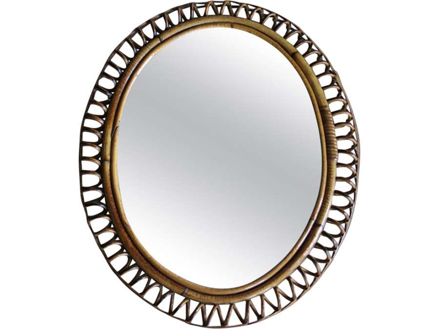 1960's vintage oval rattan and bamboo wall mirror