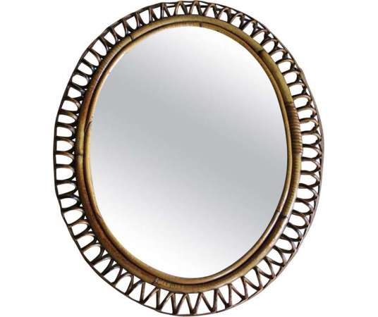 1960's vintage oval rattan and bamboo wall mirror