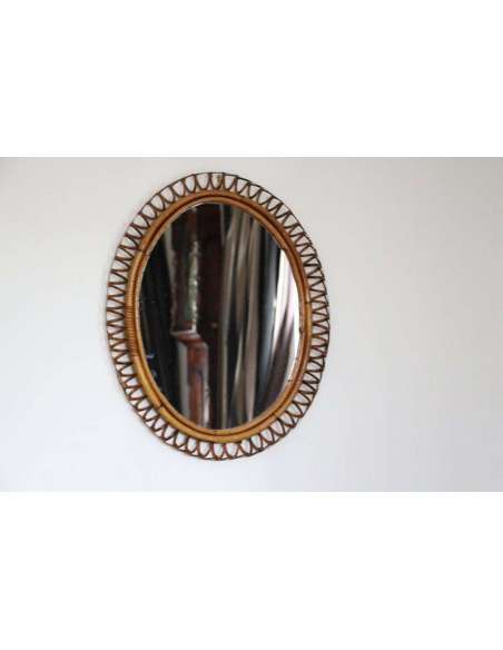 Miroir mural ovale vintage en rotin et bambou des années 1960-Bozaart