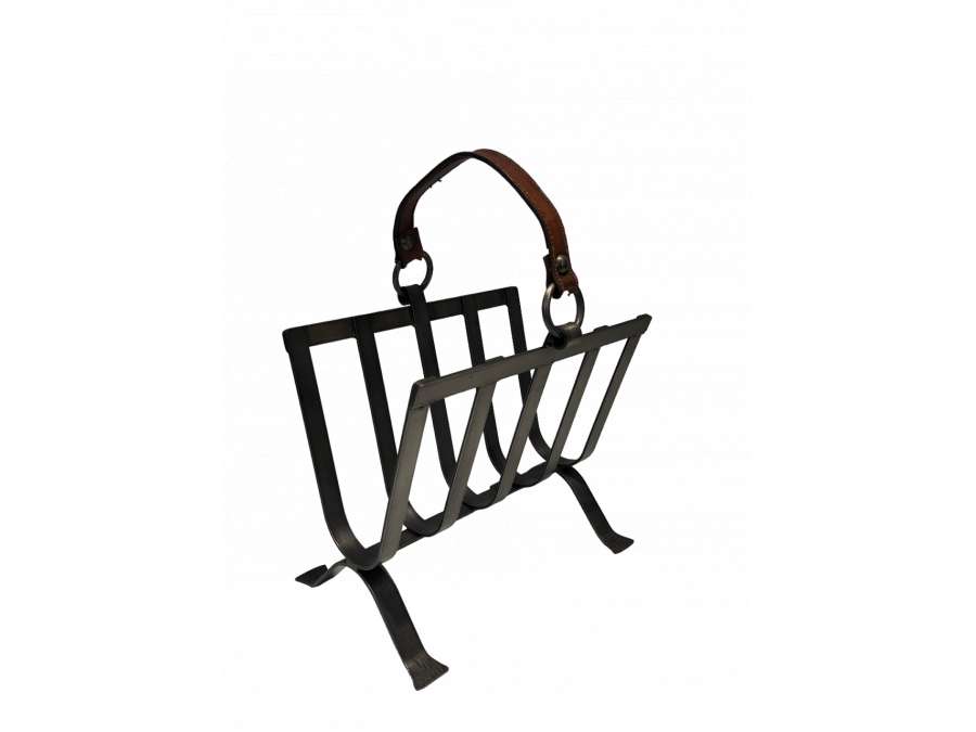 Steel and leather magazine rack from the 20th century
