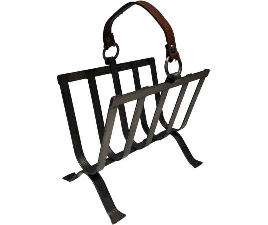 Steel and leather magazine rack from the 20th century
