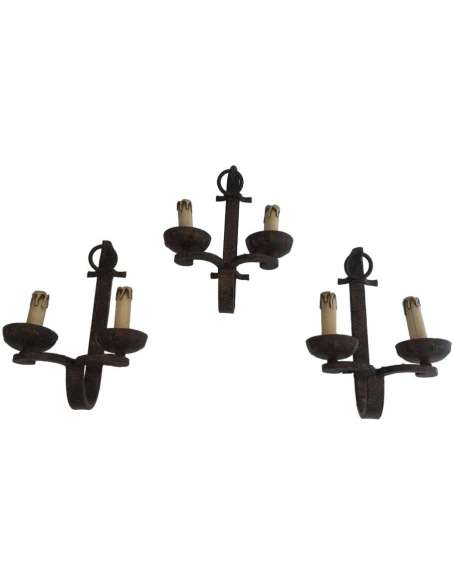 Suite of 3 wrought iron sconces from the 20th century-Bozaart