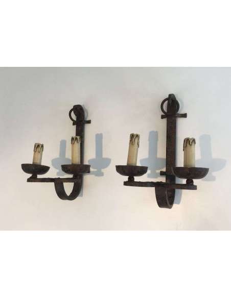Suite of 3 wrought iron sconces from the 20th century-Bozaart