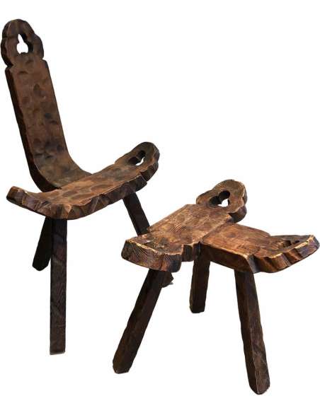 Brutalist tripod chair and its footrest from the 20th century-Bozaart