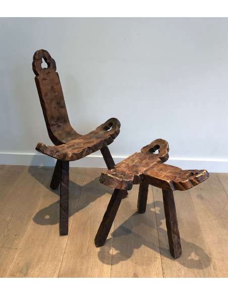Brutalist tripod chair and its footrest from the 20th century-Bozaart